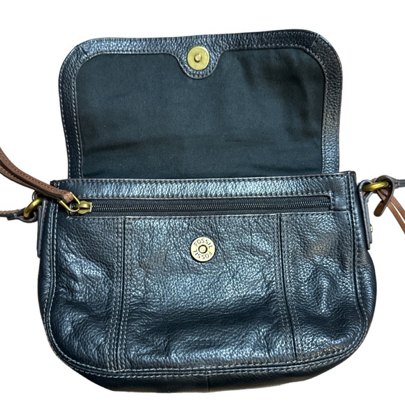 Fossil Cowhide Crossbody or Shoulder Black Pebble Stone with Brown Accents - Picture 3 of 13